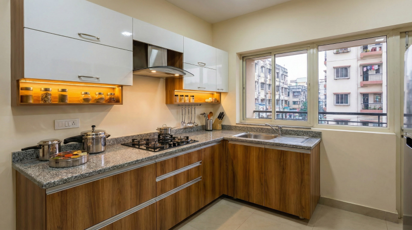 L-shaped modular kitchen cost in Kolkata 2 BHK flats